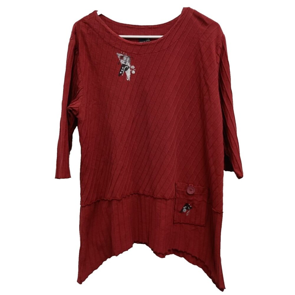Focus Casual Life Lagenlook Tunic Top Womens Medium‎ Red Ribbed Sharkbite Artsy